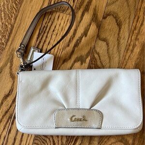 Coach White/Silver Large Flap Leather Wristlet NWT